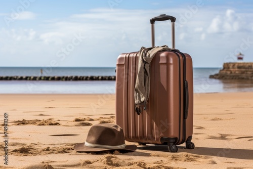 Tranquil beach scene with suitcase  personal belongings  and footprints leading into the sea