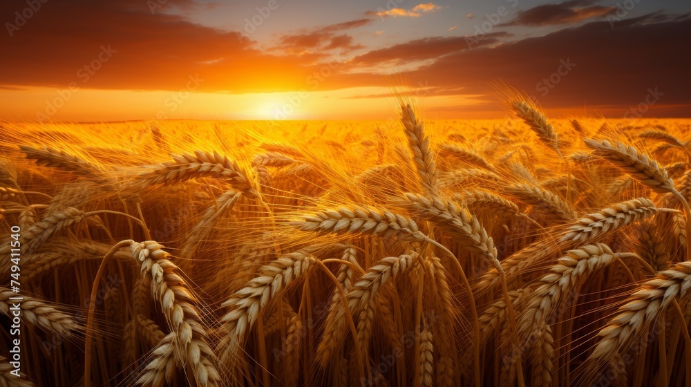 Beautiful sunrise over scenic wheat field landscape with golden light shining on the crops Beautiful sunrise over scenic wheat field landscape with golden light shining on the crops