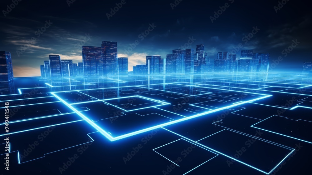 Naklejka premium Electronic high building construction circuit line on ground blue neon