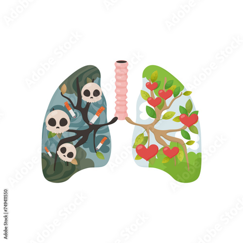 smoker's lungs, no tobacco day, giving up bad habits . lungs with green and with cigarette skulls