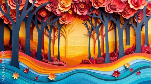 A paper cut forest with vibrant colors in a minimalist style © Anissa