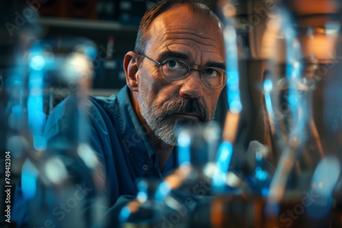 Scientist senior male researcher carrying out scientific research in a lab scientist engrossed in a laboratory experiment, surrounded by beakers and equipment, examining chemical,Portrait of confident © Sittipol 