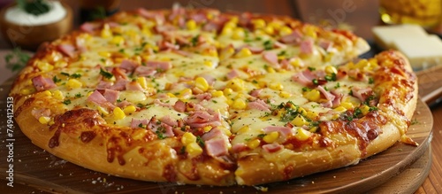 A close-up view of a deliciously cheesy pizza loaded with corn, ham, and mozzarella, presented on a wooden platter.