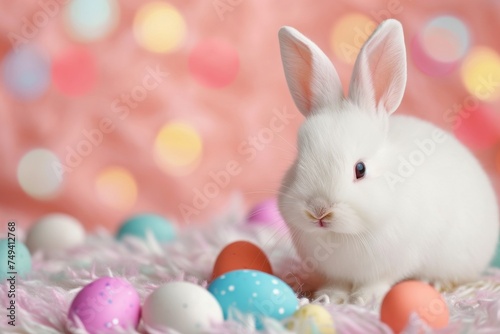 Close up of white Easter bunny with Easter eggs. Bokeh soft lights background.