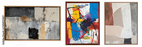 Abstract trendy paintings in neutral frames. Isolated on transparent background.