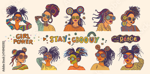 Vibrant sticker set featuring diverse women with empowering phrases like 'Girl Power', 'Stay Groovy', and 'Peace'. COACHELLA hairstyle.