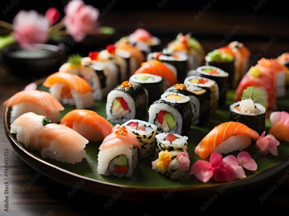 Sushi is a traditional Japanese food that consists of salmon and seaweed wrapped around rice, carefully arranged in beautiful colors, authentic Japanese dining setting Sushi is a traditional Japanese food that consists of salmon and seaweed wrapped around rice, carefully arranged in beautiful colors, authentic Japanese dining setting