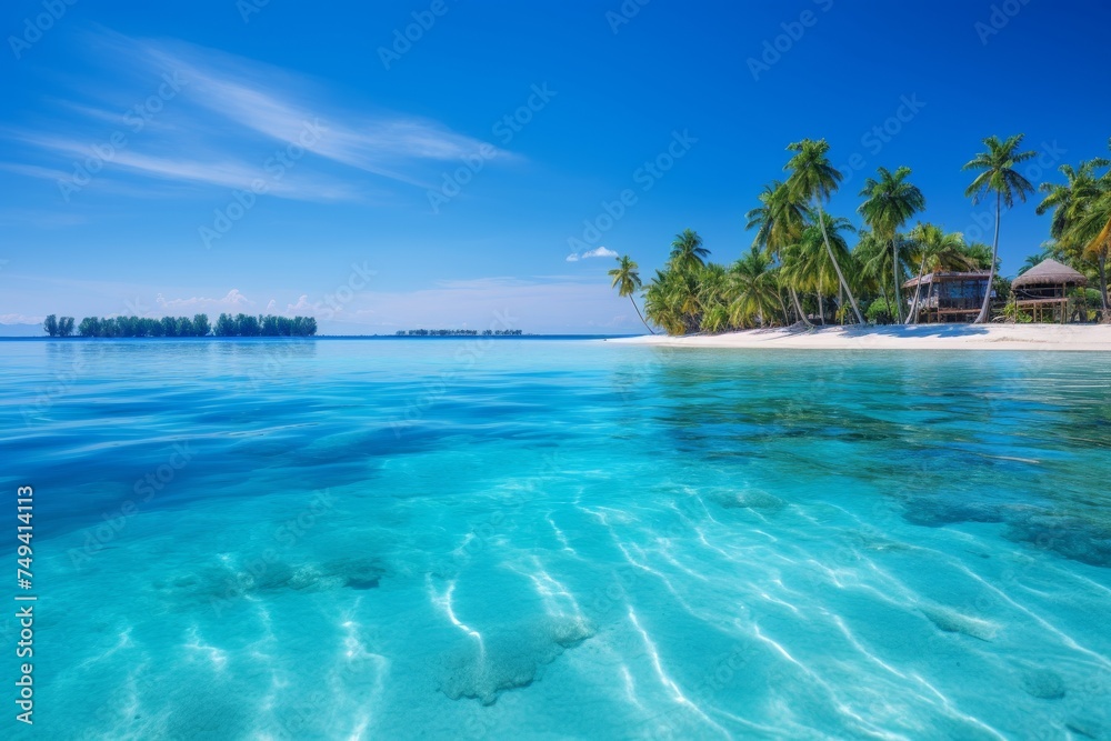 Serene tropical beach landscape with palm trees and clear blue lagoon, idyllic vacation destination