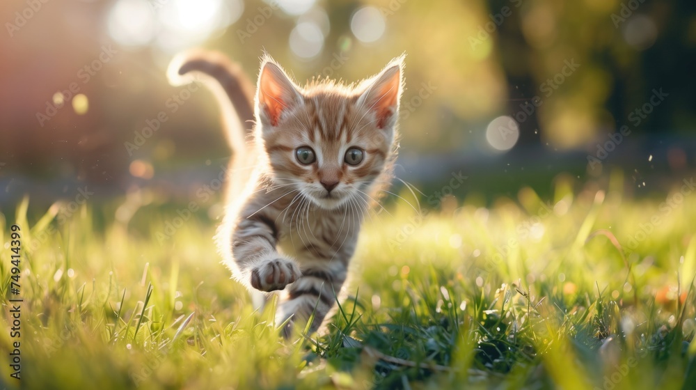 Cute little kitten jumping on green grass, Happy kitten playing in spring park, generative ai