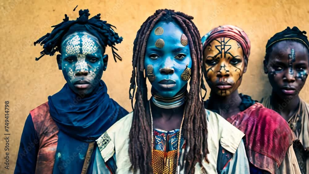 A group of young ethnic African people wearing traditional cloth, with colorful tribal paint on their faces A group of young ethnic African people wearing traditional cloth, with colorful tribal paint on their faces