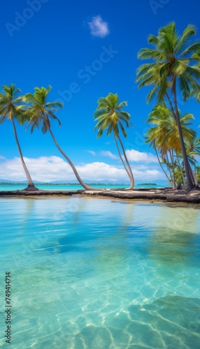 Stunning tropical beach with palm trees and calm lagoon  perfect relaxing vacation destination