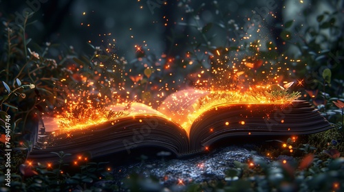 An open magic spell book with glowing pages