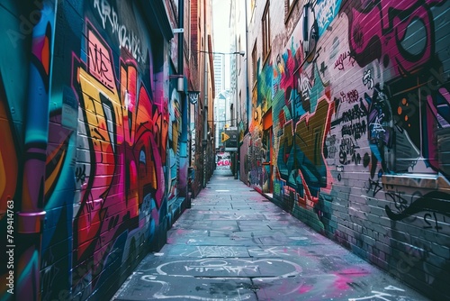 Narrow alleyway filled with vibrant and diverse graffiti art covering every available surface. The graffiti ranges from colorful tags to intricate murals. Generative AI © Azhorov