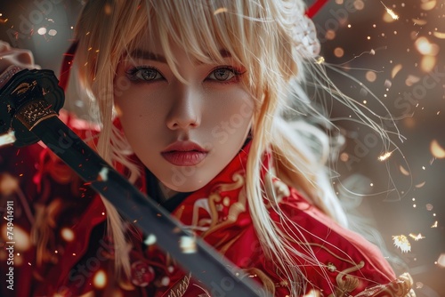Picture of lovely cosplayer girl dressed for an anime fight. Generative Ai