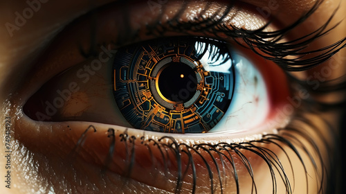 Hyperrealistic human eye close-up with microchip in the center of the eye. Sci-fi concept of cyborg eye. Generative AI