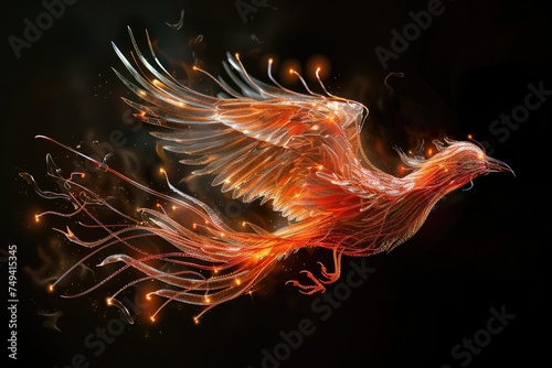 Red-burning-bird-phoenix-in-flight with wire wings. Generative Ai