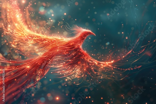 Red-burning-bird-phoenix-in-flight with wire wings. Generative Ai