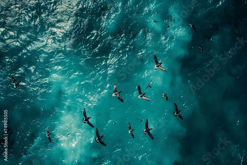 Numerous birds are soaring over a vast body of water, their wings gracefully gliding through the air. Generative AI
