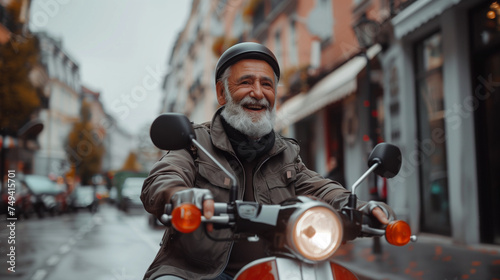 Cheerful senior man riding a motorcycle in the city. © tiagozr