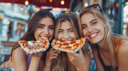Happy young female friends enjoying and eating pizza on city street  Happy lifestyle and tourism concept.