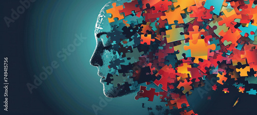 Abstract concept of human mind with colorful puzzle pieces emerging from head, representing creativity and problemsolving