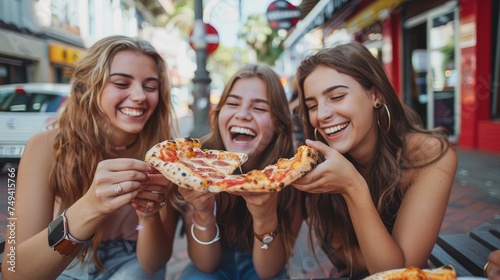 Happy young female friends enjoying and eating pizza on city street, Happy lifestyle and tourism concept.