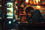 Suffering from depression and drinking, a man sits in a bar. Generative Ai