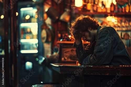Suffering from depression and drinking, a man sits in a bar. Generative Ai