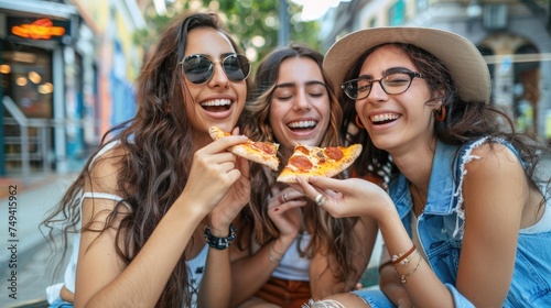 Happy young female friends enjoying and eating pizza on city street, Happy lifestyle and tourism concept.