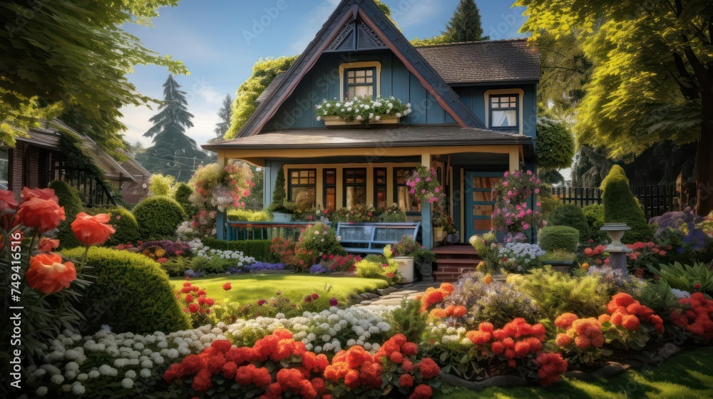 the charm of a quaint Cottage-style home amidst a blooming garden, evoking a cozy and inviting atmosphere