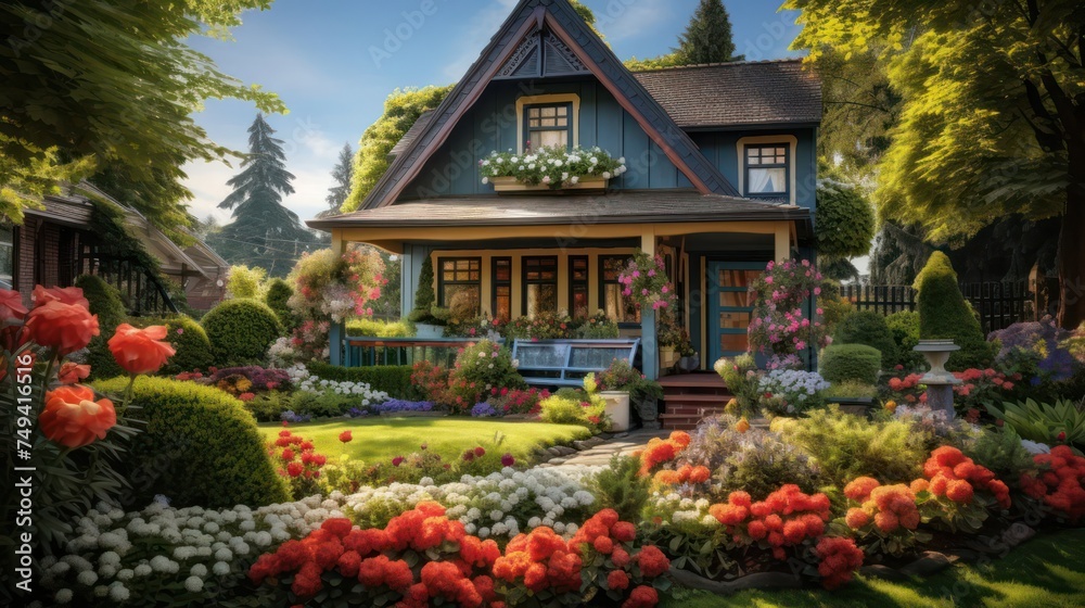 Fototapeta premium the charm of a quaint Cottage-style home amidst a blooming garden, evoking a cozy and inviting atmosphere