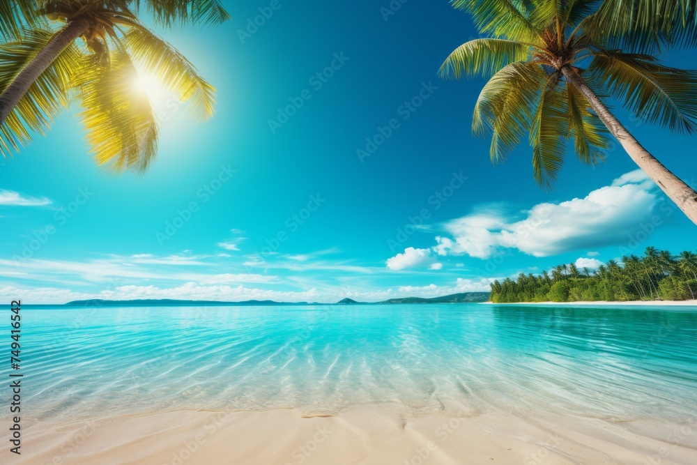 Tropical beach with palm trees and serene lagoon - high quality photo for travel and relaxation