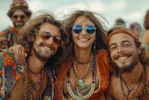 Witty  joyful  hippie best friends at a festival concert. Generative Ai