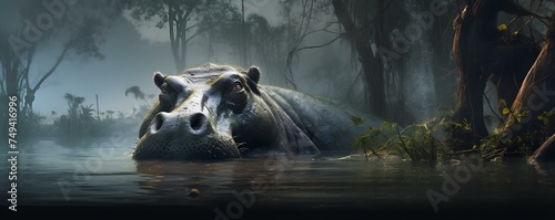Massive hippopotamus lounging in murky swamp ready to pounce on unsuspecting prey. Concept Wildlife, Hippopotamus, Swamp, Predation, Nature photo