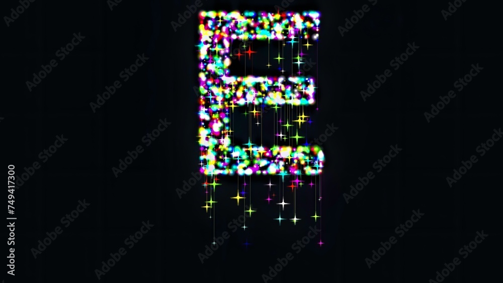 Beautiful illustration of English alphabet E with colorful glitter sparkles and falling stars on plain black background Beautiful illustration of English alphabet E with colorful glitter sparkles and falling stars on plain black background