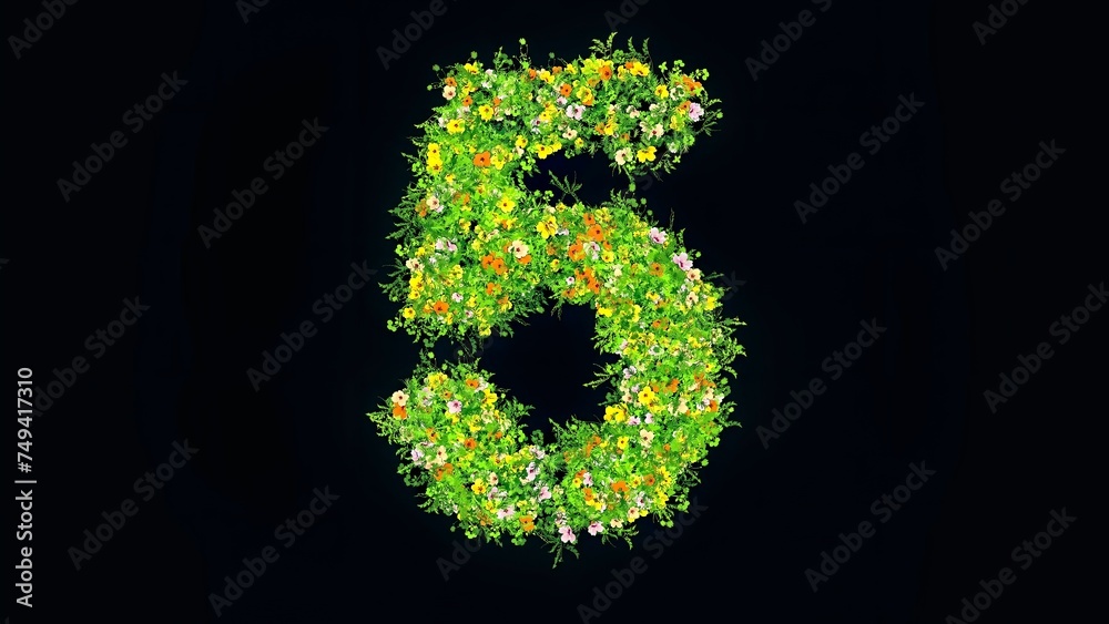 Beautiful illustration of number 5 with green grass and colorful flowers on plain black background Beautiful illustration of number 5 with green grass and colorful flowers on plain black background