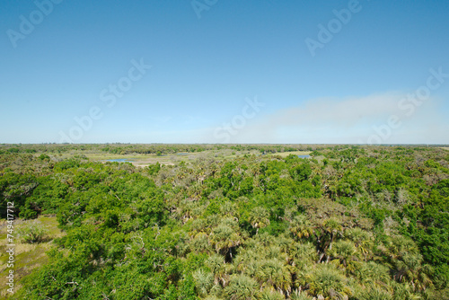 High view from Observation Tower at Myakka River State Park in Sarasota, Florida. High view over green tree tops with a sunny blue sky with smoke in the sky. Shows blue water lakes.