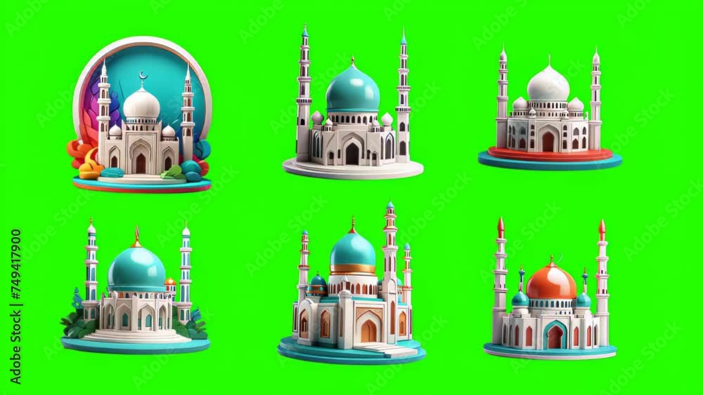 Green screen video animation of five different colorful and stylized models of mosques, each with unique architectural designs, set against a vibrant, Ramadan mosque icon.