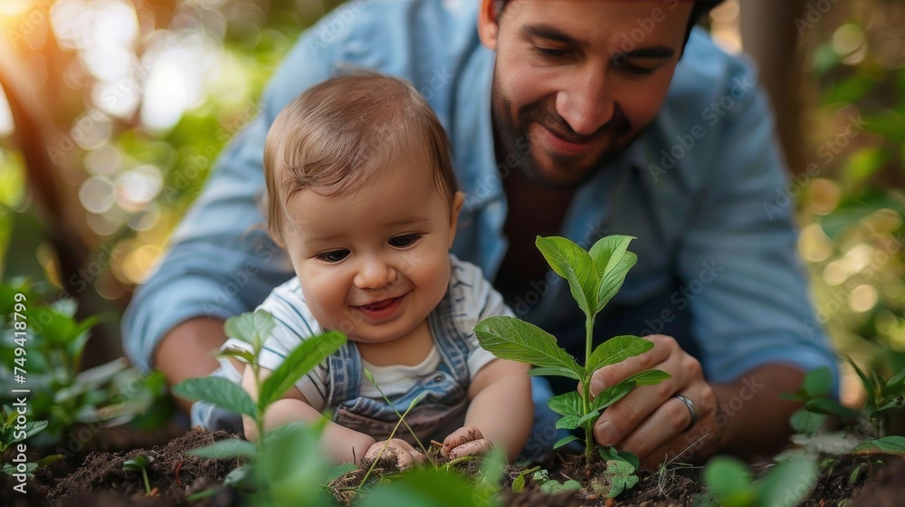 Father and his baby daughter planting tree together in garden, closeup Father and his baby daughter planting tree together in garden, closeup