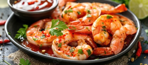A plate showcasing succulent shrimp coated in tangy Lem sauce, garnished with herbs, and presented beautifully. The shrimp glisten under the sauce, inviting a taste of the flavorful dish.
