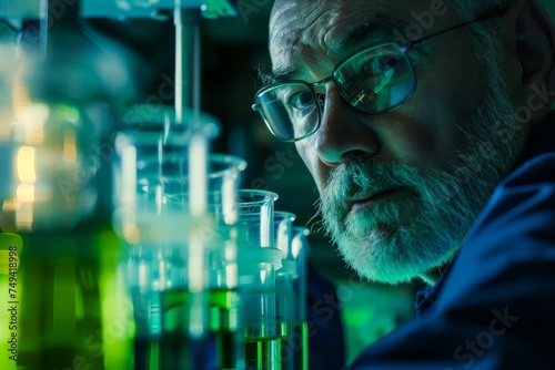 Scientist senior male researcher carrying out scientific research in a lab scientist engrossed in a laboratory experiment, surrounded by beakers and equipment, examining chemical,Portrait of confident