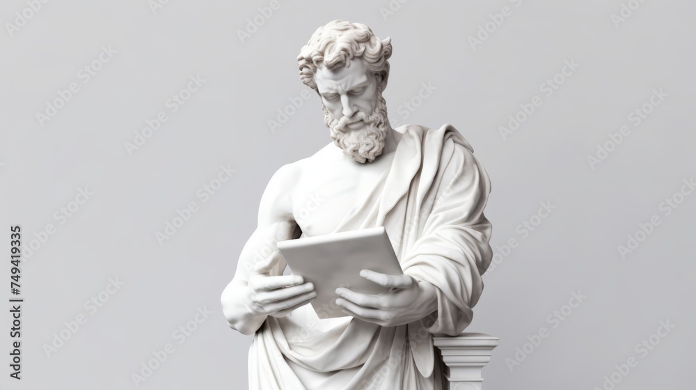 Antique statue of a man holding a tablet. Male Classic Greek and Roman statue with modern gadgets Antique statue of a man holding a tablet. Male Classic Greek and Roman statue with modern gadgets