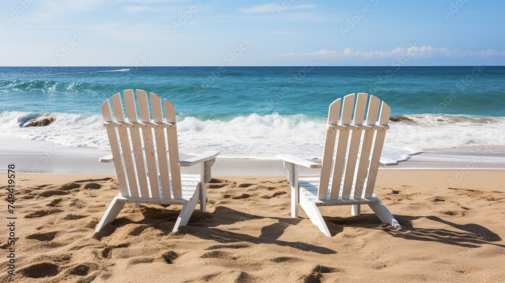 Relaxing serene beach scene with empty lounge chairs by the ocean, perfect vacation destination