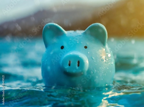 Piggy bank floating on the sea. Recession and bankruptcy concept.