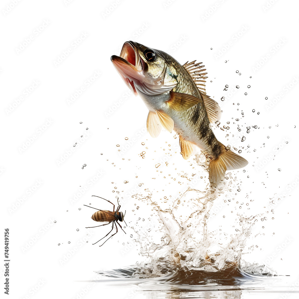 Fish leaping out of the water to catch an insect - isolated on a white background 