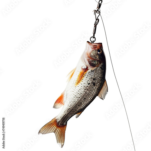 Fish caught on a fishing hook - isolated on a white background  photo