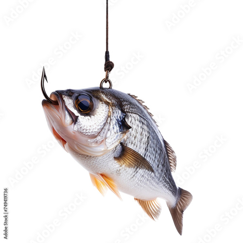 Fish caught on a fishing hook - isolated on a white background 