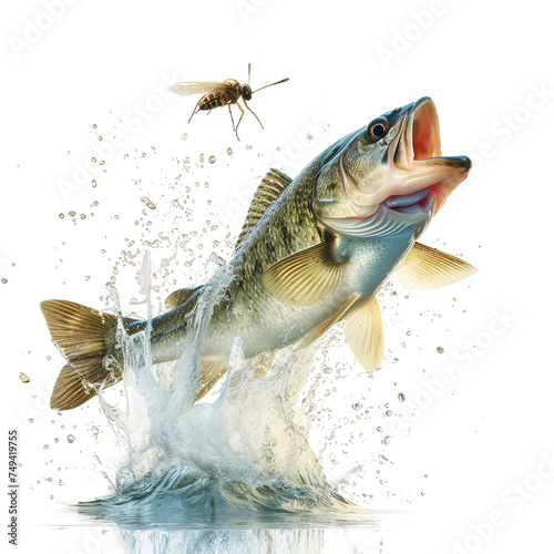 Fish leaping out of the water to catch an insect - isolated on a white background  © Lemar