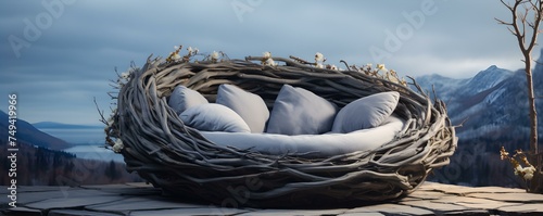 Outdoor Bed made from Bald Eagle Nest surrounded by grey natural stones. Concept Outdoor Photoshoot, Nature-Inspired Setting, Unique Props, Wildlife Theme
