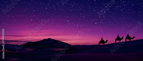 Beautiful Vast desert with silhouette of camel across the Dunes. starry sky. copy space. for Ramadan banner. presentation.